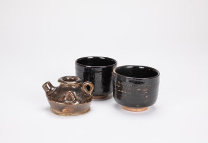 Two Jian Yao Sparkle Black Glazed Cups And A Black Glaze Pot (3 Pcs)