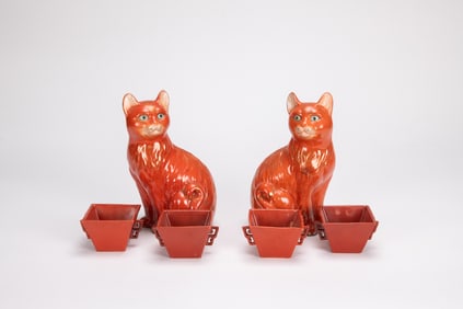 A Pairmof Red Gazed Filted Cats and Four Red Glazed Squar Cups (6 Pcs)