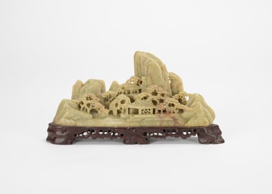 A Qingtian Stone Carved ‘Landscape’ Statue. Late Qing