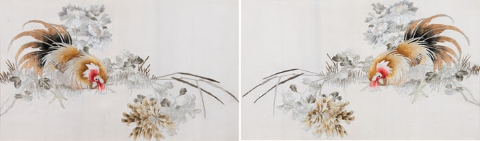 A Pair Of Embroidered Silk ‘Rooster’ Pillow Cases.