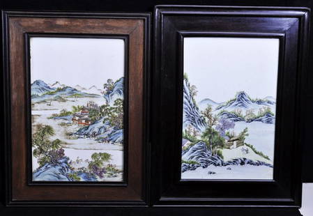 Late Qing. A pair of porcelain landscape panel with wo: Late Qing. A pair of porcelain landscape panel with wood farm 38 x 24 cm. (15 x 9 1/2 in.) Condition: In good condition. 晚清 山水人物瓷板畫