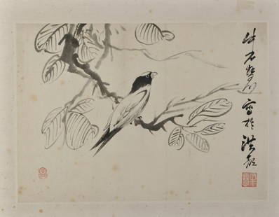 Eight Album Leaves Of Niu Shihui: 6215 Eight Album Leaves Of Niu Shihui Ink on paper, depiction of birds perched on branches in various attitudes, signature “Niu Shihui” resembling “Sheng bu bai jun” (Never kneel down before t