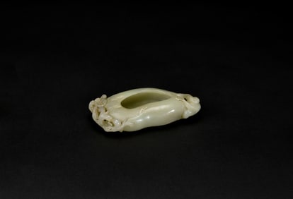 Qing Dynasty - A Chinese White Jade Carved ‘Monkey And Flower’ Brush Washer