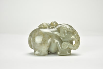 Celadon White Jade Carving of an’ Elephant with Monkey’, Qing Dynasty