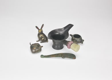 A Group Of Five Bronze items. Including Bronze Ribbit,Dragon Belt- Buckle,Water droper