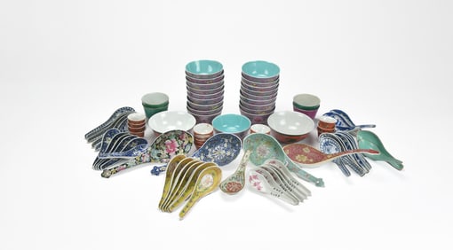 Assorted Chinese Porcelain Bowls, Cups, and Spoons (79 Pcs)