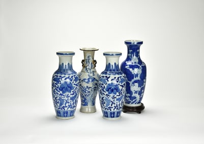 A Group Of Four Blue And White Vase (4 Pcs), Qing/ Republic
