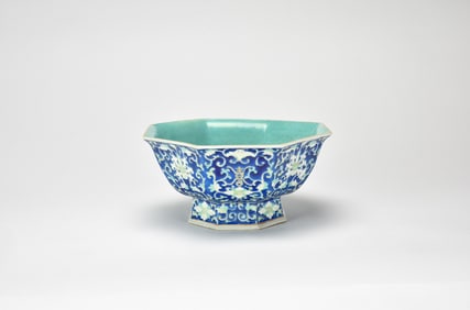 A Blue Ground Famille Glazed’ Shou Character,Floral ’ Bowl