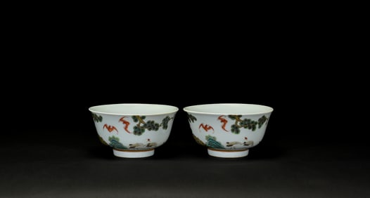 A Pair Of Famille Glazed ‘ Pine,Crane And Bats’ Bowls