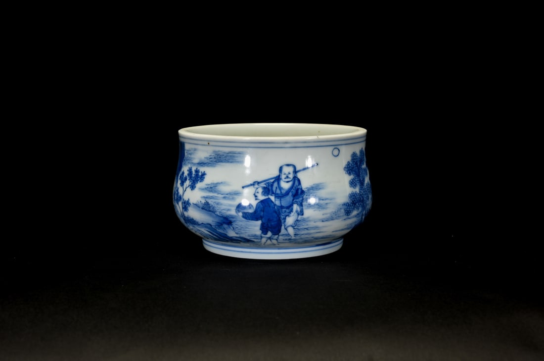 A Blue And White ‘Figures And Landscapes’ Bowl: A Blue And White ‘Figures And Landscapes’ BowlD: 13 cm清 - 青花‘羅漢山水’鉢 Provenance 來源：舊金&
