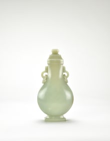 A Finely Carved Chinese Celadon Jade Moon Flask, Qing Dynasty, 18th/19th Century