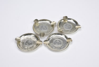 Set of Four Silver Ashtrays Insert Year 1900 Trade Dollar Silver Coin.