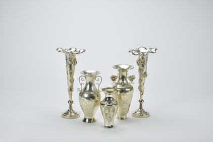 Group of Three Chinese Silver Vases And Pair Of Silver Candle Holder(5 Pcs), Late Qin/Republic