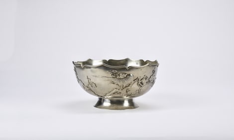 Chinese Silver Footed Bowl with Bird and Blossom Decoration, Early 20th Century