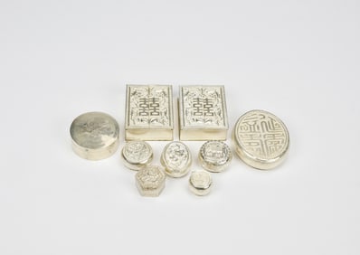 A Group of Nine Silver Rouge Boxes(9 Pcs),Late Qing