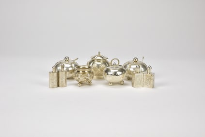A Group of Seven Silver Tableware Containers (9 Pcs), Late Qing Comprising Four melon-form lidded