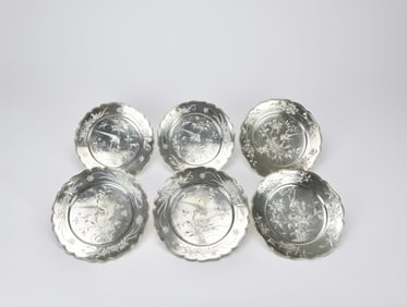 Set Of Six Silver Dishes With Bird-And-Flower Designlate, Late Qing to Republic