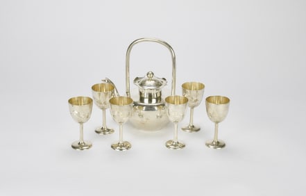 Chinese Export Silver Tea Set With Wine Goblets,