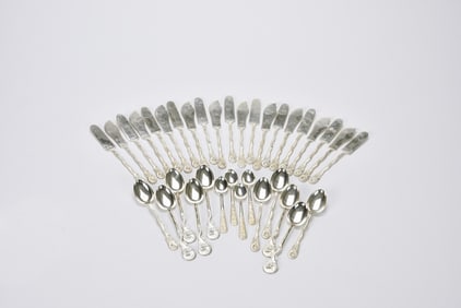 Extensive Asian Silver Flatware Set with Dragon and Floral Handles (35Pcs), Late Qing/ Republic