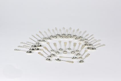 Set of Asian Silver Teaspoons with Inscribed Terminals, Late Qing/Republic