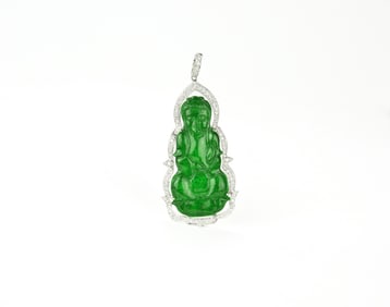 Fine Imperial Green Jadeite Guanyin Pendant with Diamond Mountin 18k White Gold.