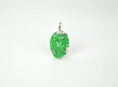 A Carved Green Jadeite Pendant Mounted 18k White Gold And Diamonds?? : 30 X 21.4 X 2.8 mm