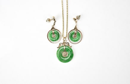 A Set Of Three Jadeite (Pendant And Pair Of Earring)With 14k Gold Necklace