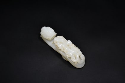 A Fine White Jade Belt Hook Carved with Chilong Amidst Cloud Scrolls, Qianlong Period, Qing Dynasty