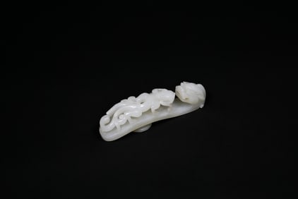 A Fine White Jade Belt Hook with Double Chilong and Lotus Button, Qing Dynasty