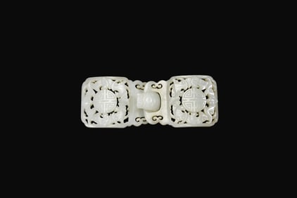 White Jade Openwork Belt Buckle with Bats and Shou Medallions, Qing Dynasty (18th–19th Century)