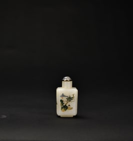 A Painted White Jade Snuff Bottle with Landscape and Floral Designs, Qing Dynasty (19th Century)