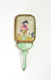 Chinese gilt-metal and carved jadeite hand mirror, Late Qing