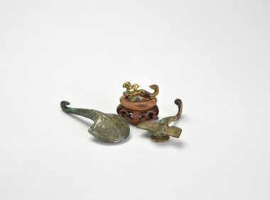 Group of Three Bronze Belt Hooks, Warring States to Han Dynasty (475 BC – 220 AD)