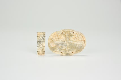 A Carved Celadon And Beige Jade Plaque And A Rectangular Ornament, Shang–Zhou