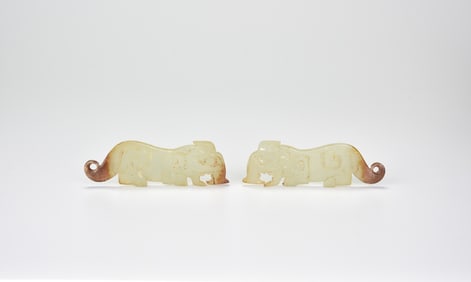 A Pair of Jade Tigers with Coiled Tails, Shang Dynasty (circa 1600–1046 BC)
