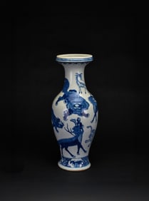 A Fine and Large Chinese Blue and White “Hundred Beasts?? Vase, Qing Dynasty