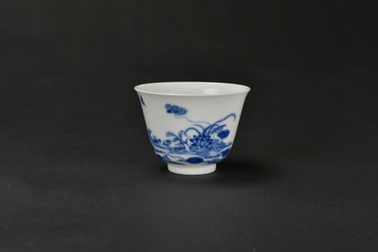 A Blue and White ‘Lotus Pond’ Cup with Poem, Kangxi Mark