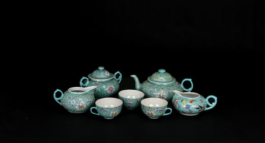 Turquoise-Ground Famille-Rose 7 Peice Tea Set (Guangxu Marks) Late Qing–Republic