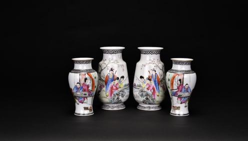 A Pair of Republic Famille-Rose Figure-and-Inscription Vases, with a Pair of Smaller Vases (4 pcs)