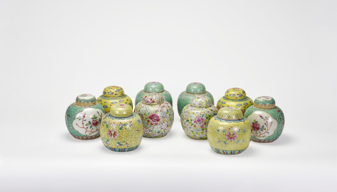 A Set of Ten Famille-Rose Covered Jars, Late Qing–Republic: A Set of Ten Famille-Rose Covered Jars, Late Qing–RepublicTen globular jars with domed covers, enamelled in bright famille-rose palettes on turquoise, yellow, and pink grounds, decorated with fl