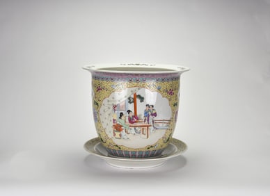 A Fine Famille-Rose ‘Ladies in a Garden’ Planter with Original StandBearing a Four-Character.