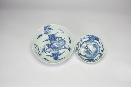 A Pair of Blue and White ‘Dragon and Clouds’ Dishes: Mid-Qing Five-Clawed Dragon Dish and A