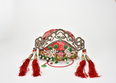 Late Qing Dynasty, A Finely Embroidered Child’s Cap with Jade and Pearl Inlay