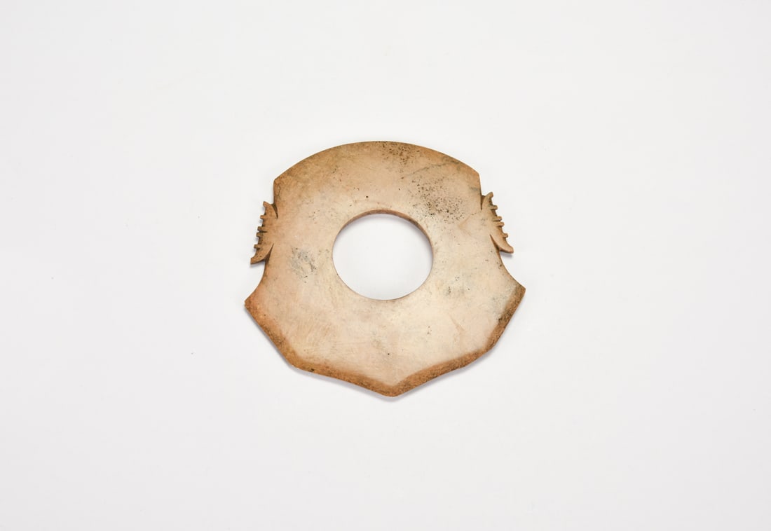 Shijiahe Culture, Jade Yue (Ceremonial Axe) with Tiger Motif Late Neolithic Period (ca. 2500–2000: The jade, of a warm brownish tone with surface alteration, is carved in a flattened rectangular form, pierced at the top for suspension. The upper section is incised with several parallel string lines