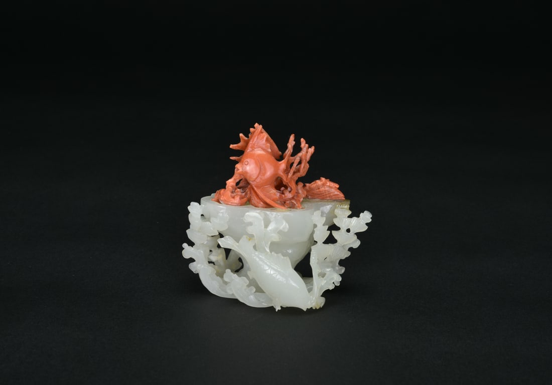 A White Jade and Coral ‘Fish and Waves’ Group, Late Qing Dynasty To Republic Period (1 of 12)