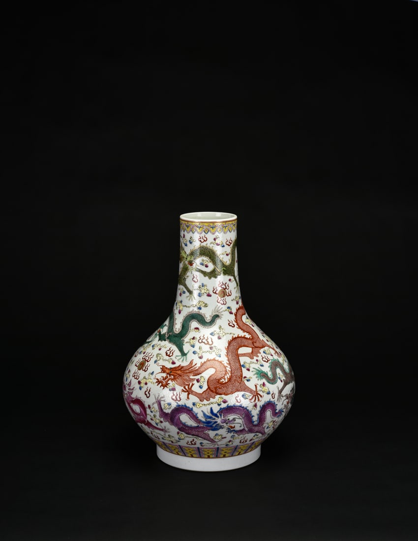 A Famille-Rose ‘Nine Dragons Pursuing The Flaming Pearl’ Bottle Vase (Tianqiuping) (1 of 9)