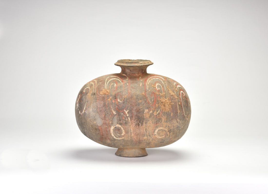 Han Dynasty (circa 206 BC – AD 220). Painted Earthenware Flattened Jar. (1 of 10)