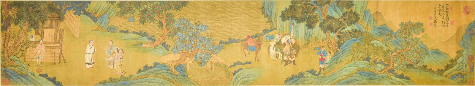 Attributed to Guo Min (1315–1374, Yuan Dynasty), Ink and Color on Silk, Hand Scroll, Signed and: 82 3/4 In X 15 In (210 cm X 38 cm)傳-郭敏 (1315–1374) 青綠山水圖手卷：青綠絹本款識：&#