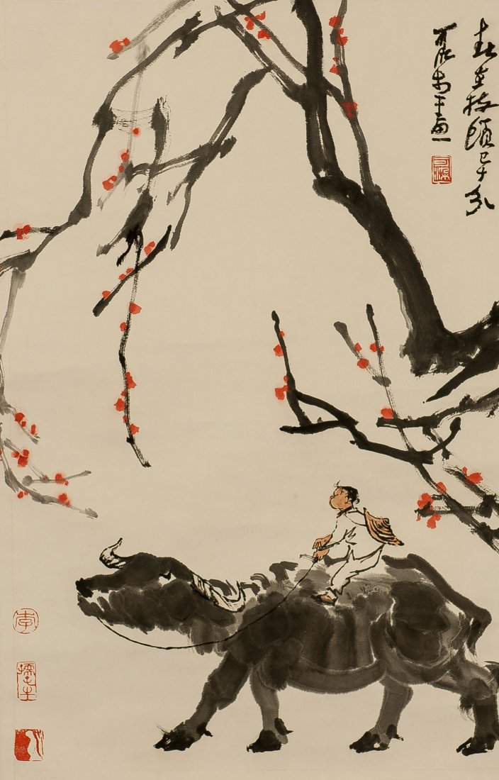 Attribute: Li Keran (1907-1989): Attribute: Li Keran (1907-1989) Ink and color on paper. Signed and three seals. 68 x 45 cm. (26 3/4 x 17 1/4 in.) 傳 李可染（1907－1989） 春在
