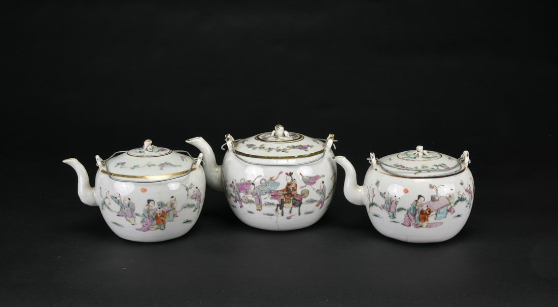 A Group of Three Famille-Rose Teapots with Figures, Tongzhi Mark (1 of 9)